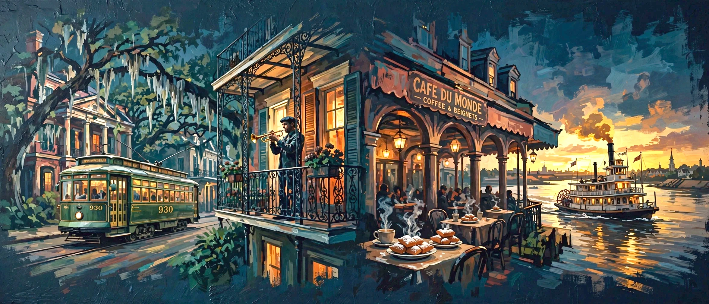New Orleans mural: streetcar, jazz, Cafe du Monde, riverboat at sunset
